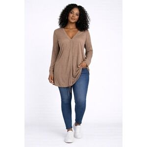 SHEIN Plus Size Brown V-Neck Drawstring Tunic‎ Cardigan Long Sleeve Sweater
